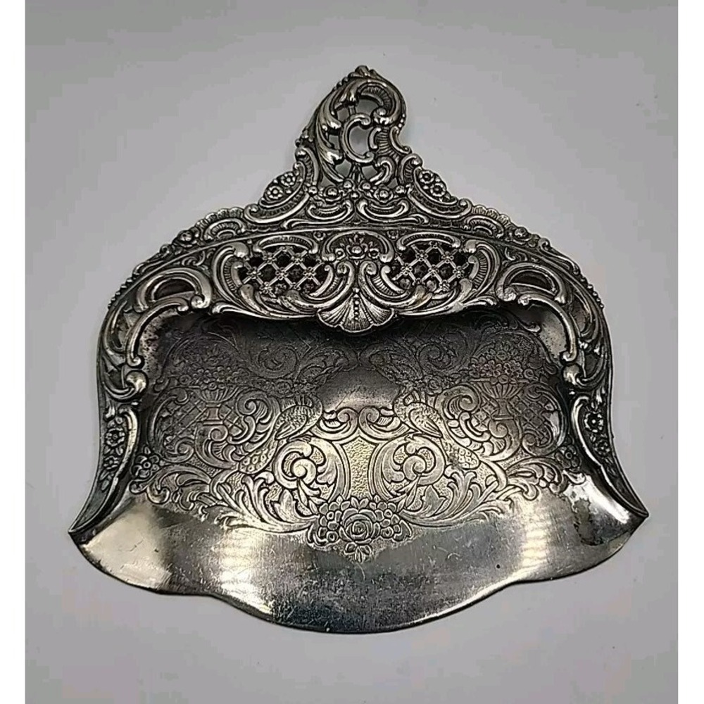 Vintage Ornate Victorian Silver Tone Crumb Dustpan Butler Tray Floral Bird Gift